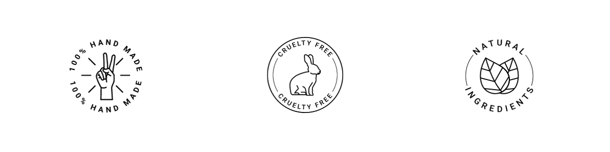 Three different circle bowling club badge white and black logos about handmade, cruelty-free, and natural ingredients
