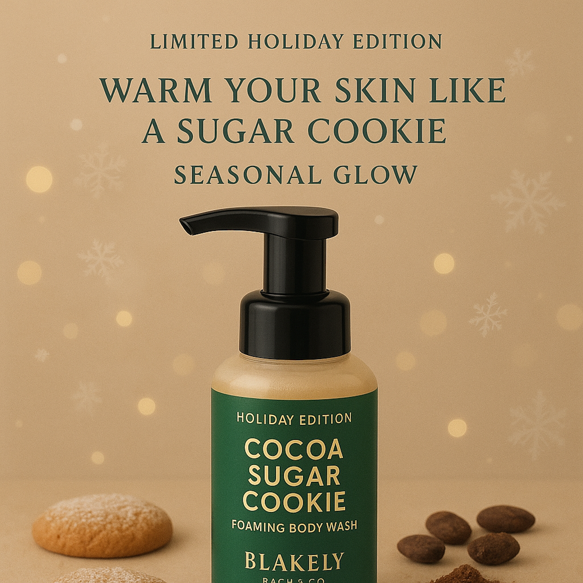 Cocoa sugar cookie-themed body wash bottle with holiday text on a beige background