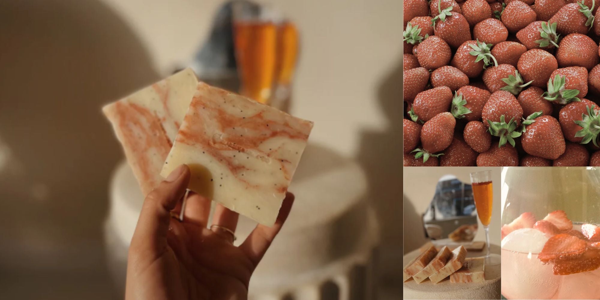Hand holding two bars of Strawberry Bellini Soap Bars with pictures of strawberries and champagne next to it