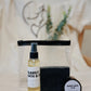 Image of the Acne kit with three small products: Natural Face Oil Moisturizer, Natural Facial Mask, and the Lavender Charcoal Soap Bar