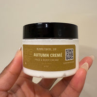 Hand holding Autumn Crème Moisturizer handmade by Blakely Bath & Co 