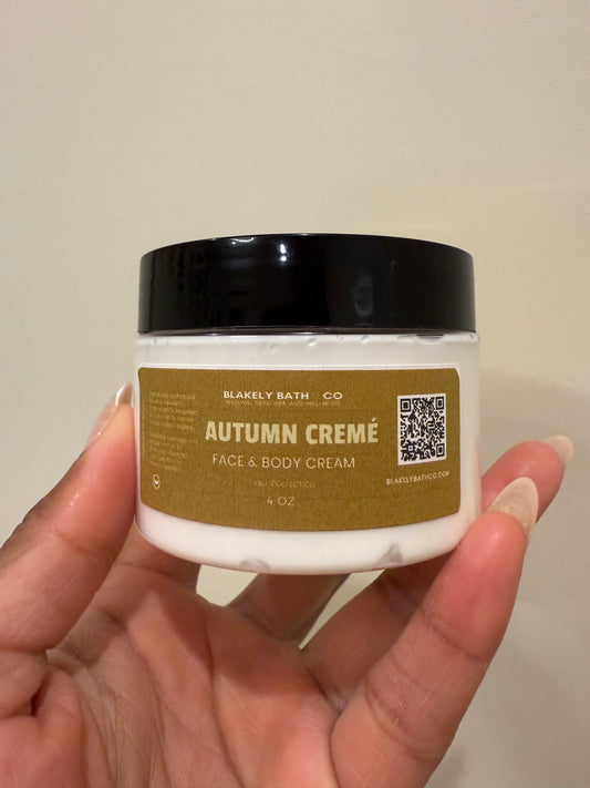 Hand holding Autumn Crème Moisturizer handmade by Blakely Bath & Co 