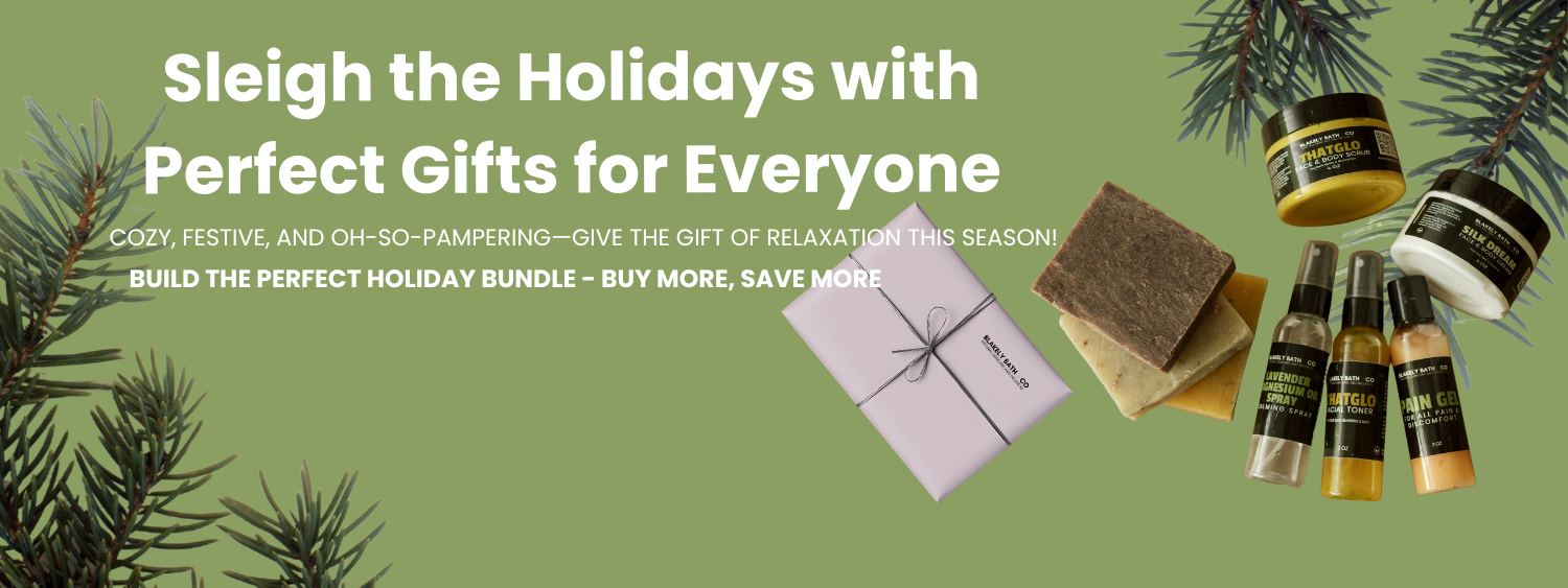Promotional banner for holiday gift sets with products and text on a green background