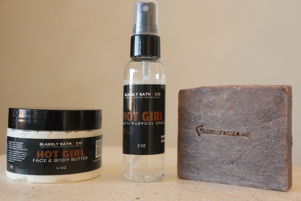 Hot Girl Bundle by Blakely Bath & Co – a 3-piece skincare set featuring a goat’s milk soap bar, whipped body butter, and multipurpose spray with notes of salted caramel, vanilla, sandalwood, and pistachio. Designed for soft, nourished skin and a long-lasting, irresistible scent - Blakely Bath & Co