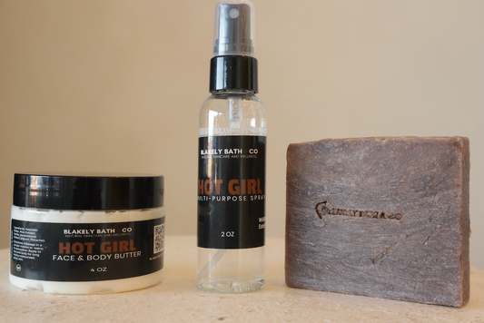 Hot Girl Bundle by Blakely Bath & Co – a 3-piece skincare set featuring a goat’s milk soap bar, whipped body butter, and multipurpose spray with notes of salted caramel, vanilla, sandalwood, and pistachio. Designed for soft, nourished skin and a long-lasting, irresistible scent - Blakely Bath & Co