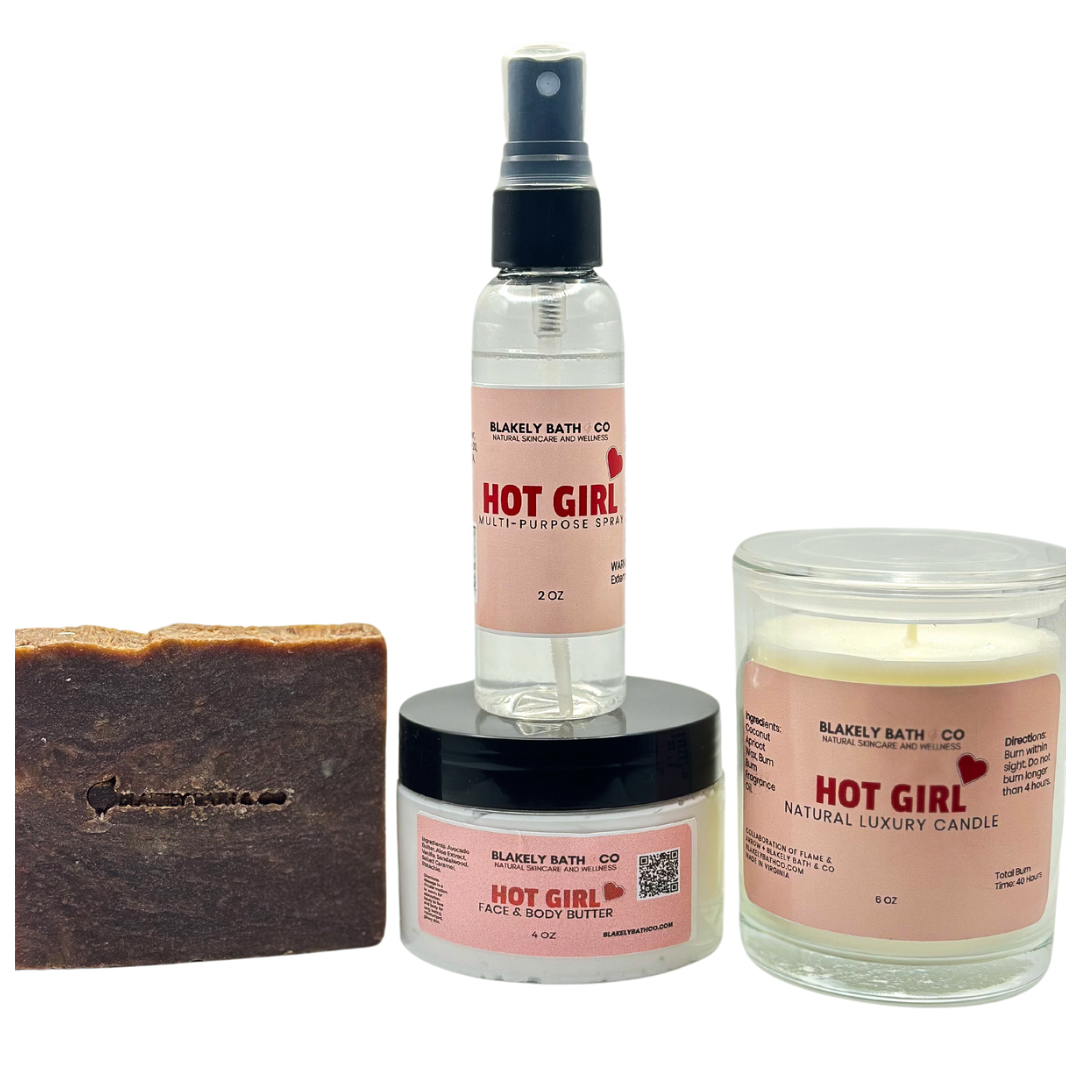 Hot Girl Valentine Set – A luxury self-care gift bundle featuring a handcrafted soap bar, whipped body butter, multipurpose spray, and scented candle with notes of salted caramel, vanilla, sandalwood, and pistachio - Blakely Bath & Co 