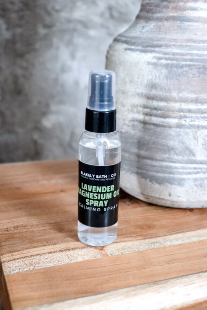 Lavender Magnesium Oil Spray by Blakely Bath & Co, designed to relax muscles, relieve stress, and promote better sleep with the calming scent of lavender and magnesium benefits