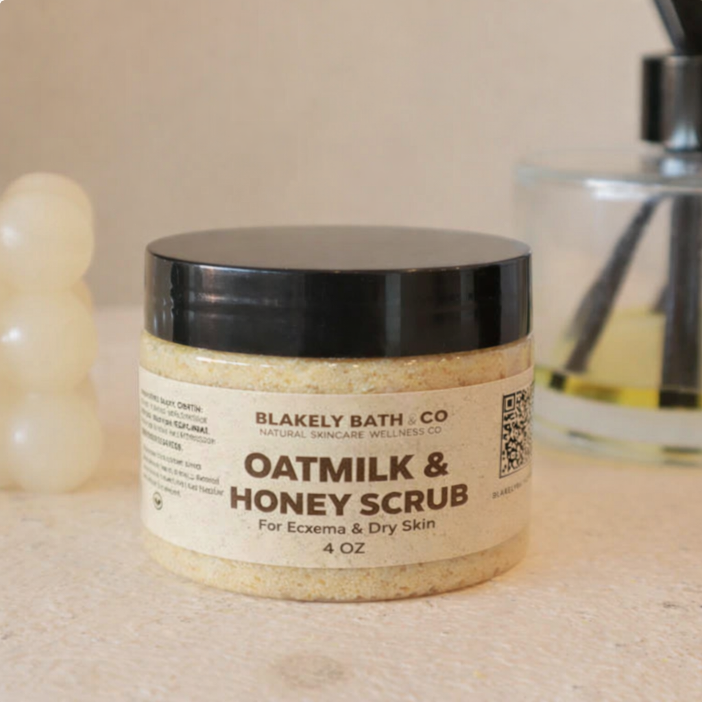 Jar of Oatmilk & Honey Scrub from Blakely Bath Co on a neutral background