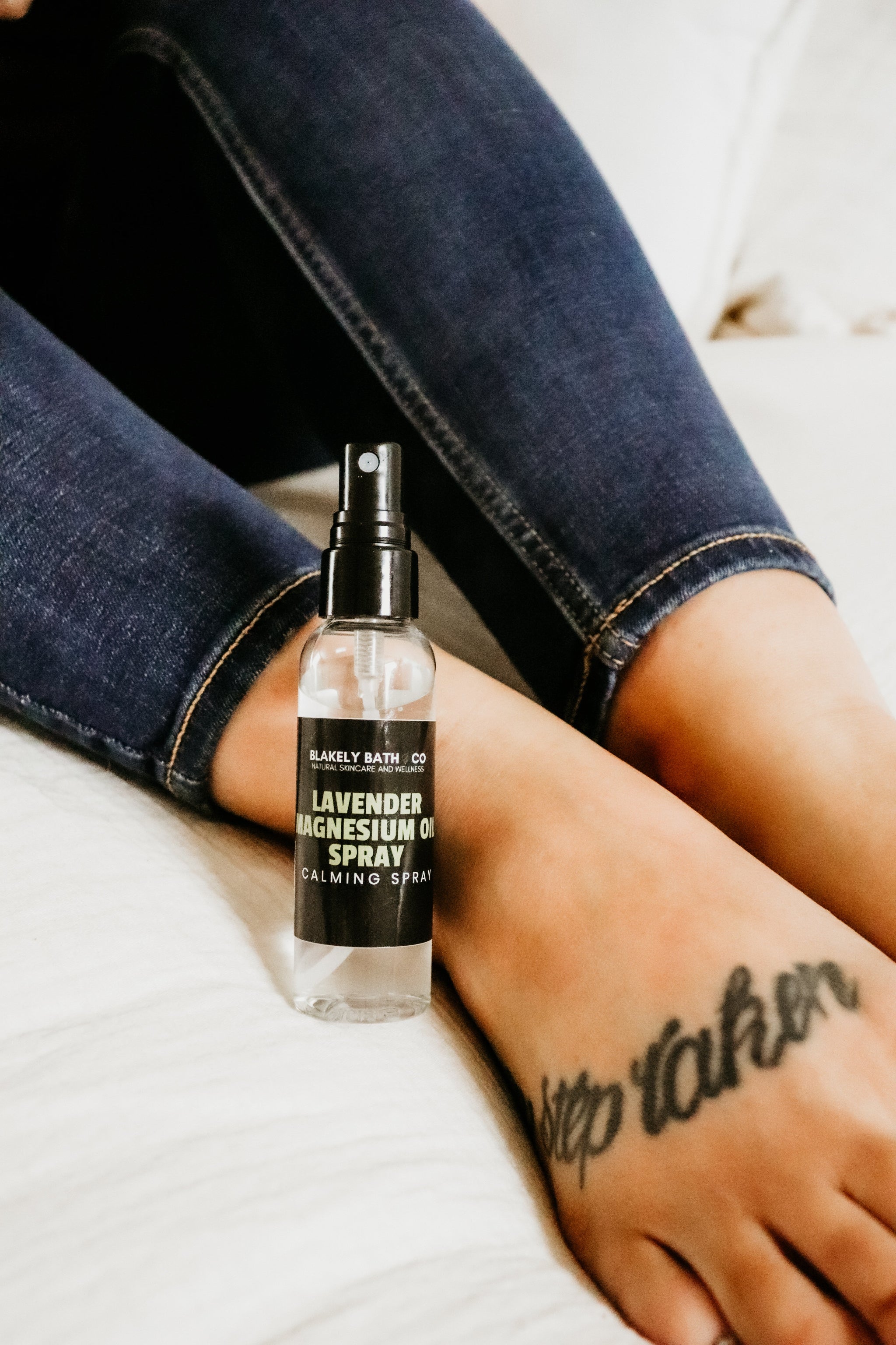 Lavender magnesium oil spray on feet– calming topical mist for sleep, muscle cramps, and stress relief by Blakely Bath & Co