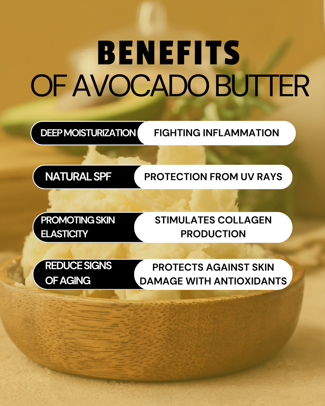 Avocado Butter, rich in vitamins A, D, and E, offers deep moisturization, promotes skin elasticity, soothes dry skin, reduces signs of aging, and provides antioxidant protection for healthy, glowing skin