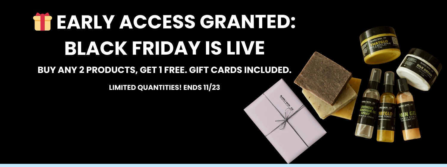 Black Friday promotional banner with skincare products and text on a black background