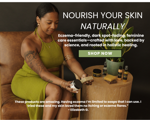 "Sade Campbell of Blakely Bath & Co in a serene natural setting, holding bestselling natural skincare and holistic wellness products, looking down with care"