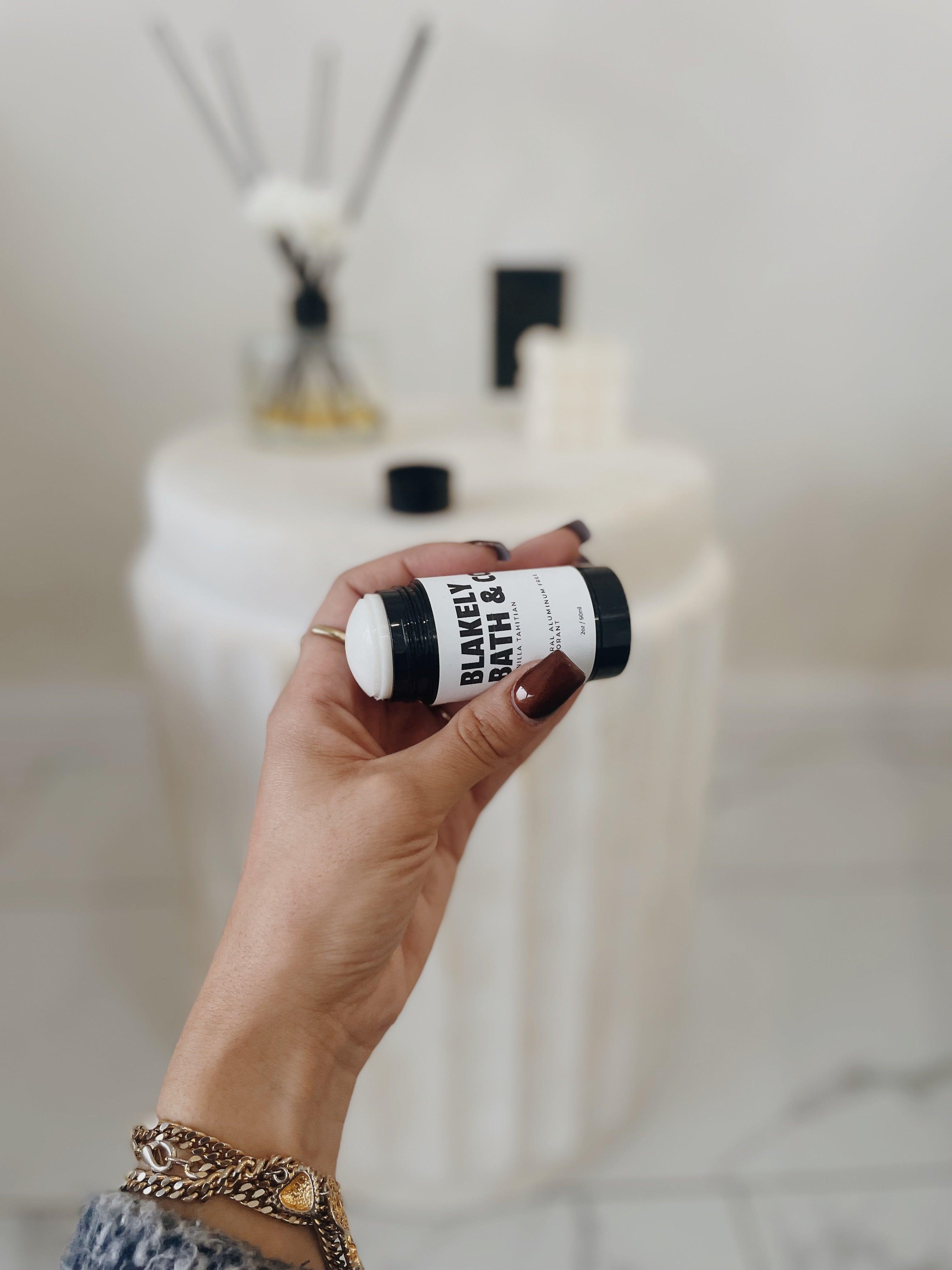 Blakely Bath & Co's Vanilla Aluminum-Free Deodorant in a convenient 2 oz travel size, offering natural, long-lasting freshness with a soothing vanilla scent for on-the-go use