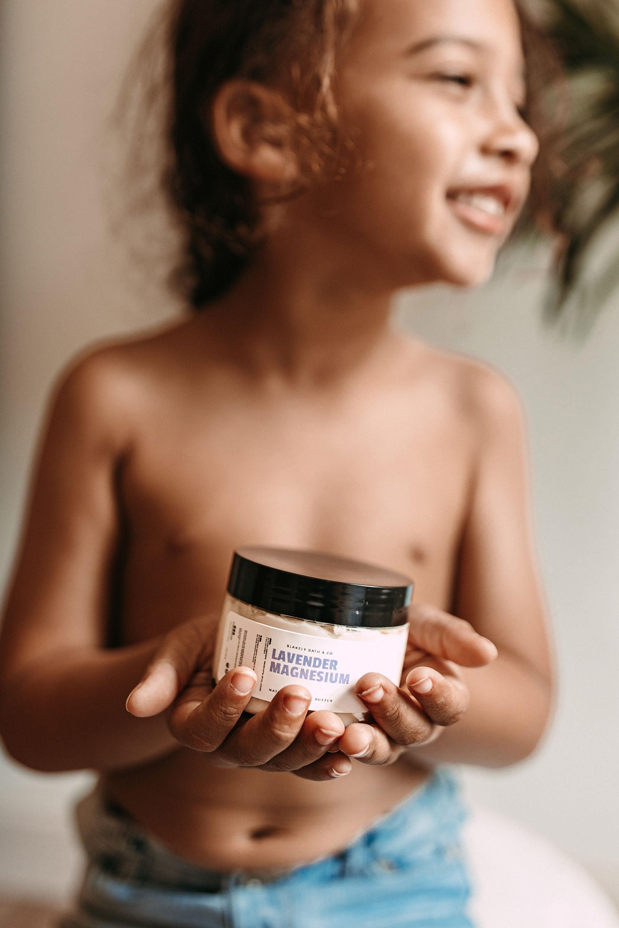 Lavender Magnesium Cream for all ages, including kids, by Blakely Bath & Co, providing stress relief, muscle relaxation, anxiety reduction, improved sleep, and soothing effects with the calming scent of lavender for on-the-go relaxation