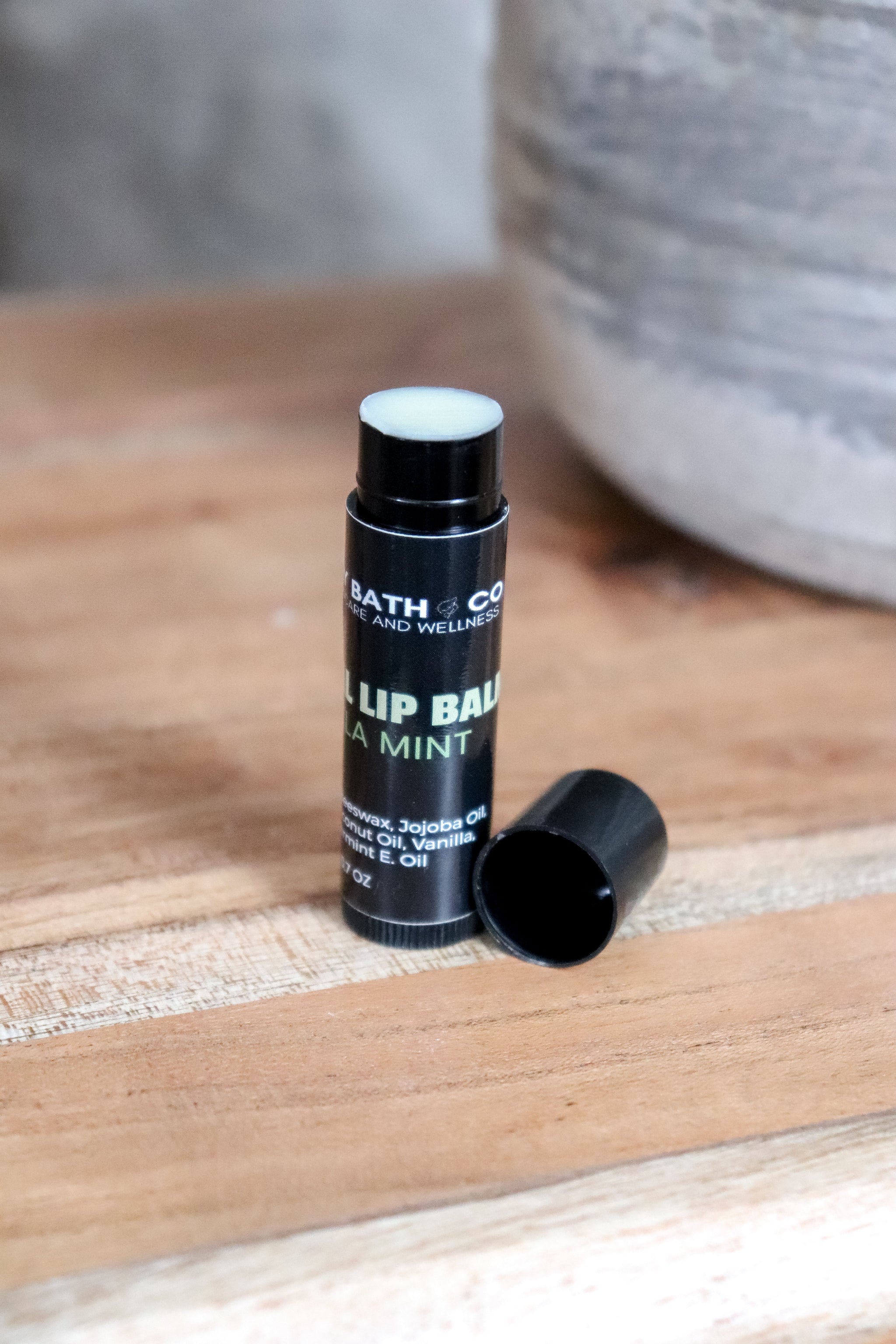 Blakely Bath & Co Vanilla Mint Lip Balm, a refreshing blend of natural ingredients to hydrate and soothe dry lips, leaving them soft, smooth, with a subtle minty-vanilla scent