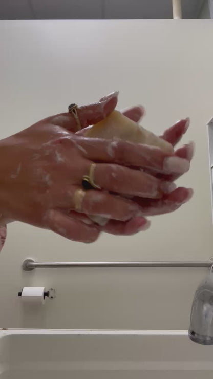 Video of goat milk soap bars lathering on hands– rich, creamy foam for natural skin healing, hydration, and gentle cleansing.”