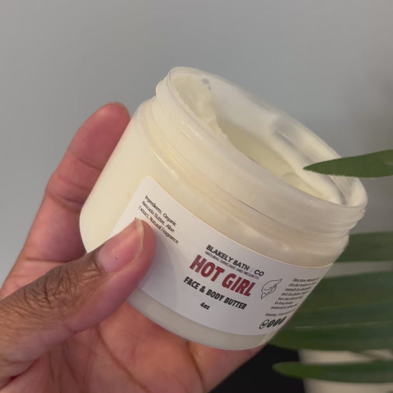 Video showing a finger dipping into Hot Girl Face and Body Butter by Blakely Bath & Co, highlighting its rich, creamy texture as it melts into the skin for deep hydration and a smooth, glowing finish