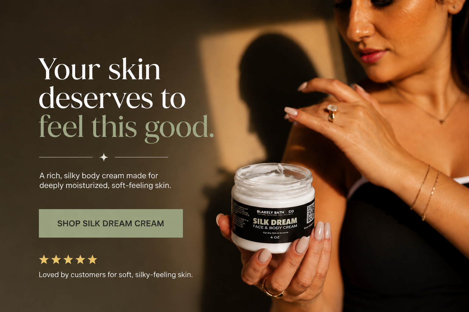 A woman holds a jar of Mark & Bess Silk Dream Rich Moisturizing Body Cream, showcasing the product in a warm, dramatic setting with text overlays on the left.