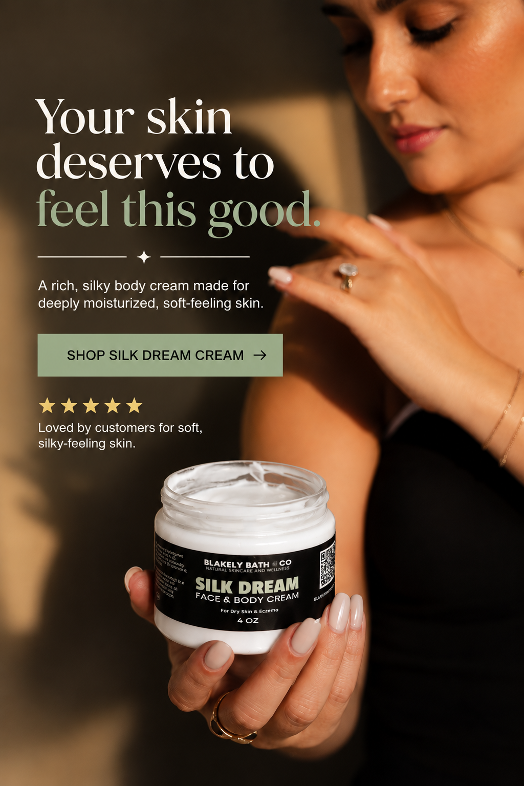 A woman holds an open jar of Silky Bath Silk Dream Face & Body Cream, showcasing the white cream inside. The background is a warm, softly lit scene with a woman applying cream to her face.