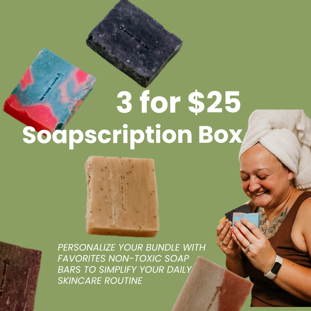 Promotional image for a soap subscription box with various soap bars and a woman using a phone on a green background.