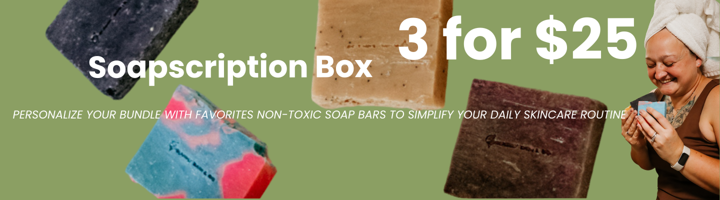 Advertisement for a soap subscription box with various soap bars and a promotional offer on a green background.