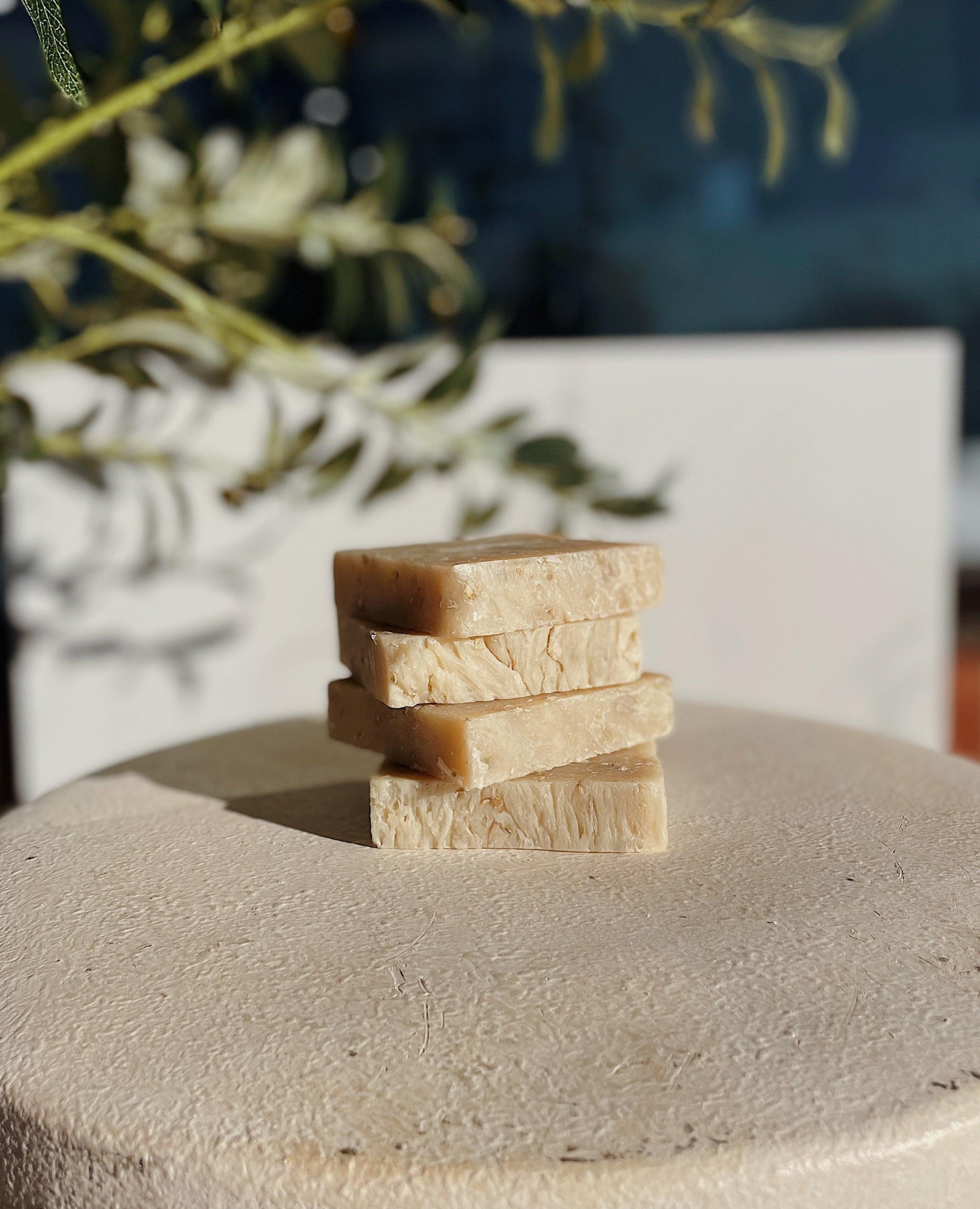 Stacked goat milk soap bars by Blakely Bath & Co– natural, moisturizing, and perfect for sensitive, dry, or eczema-prone skin.