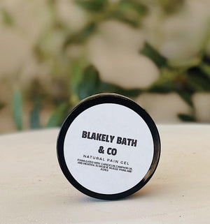 Blakely Bath & Co Pain Relief Gel in travel size, offering fast-absorbing, cooling relief for muscle aches, joint pain, and soreness, perfect for on-the-go comfort and convenience