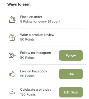 Points system for earning rewards with various actions on a screen.